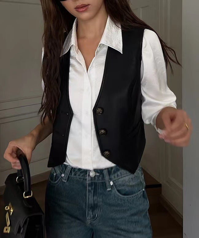 Black women leather waistcoat vest