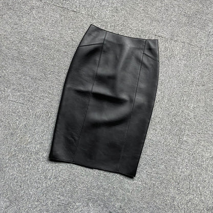 Black sheepskin bodycon midi skirt