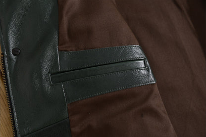 Men Green Tumbled Cowhide Military Leather Jacket