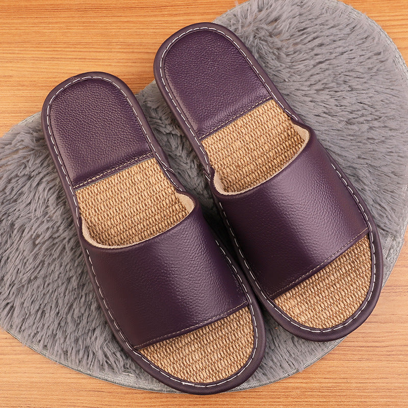 Women's Leather Slippers with Breathable Linen Insole for Indoor Wear