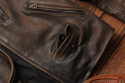 Top-grain distressed leather biker jacket