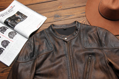 Top-grain distressed leather biker jacket