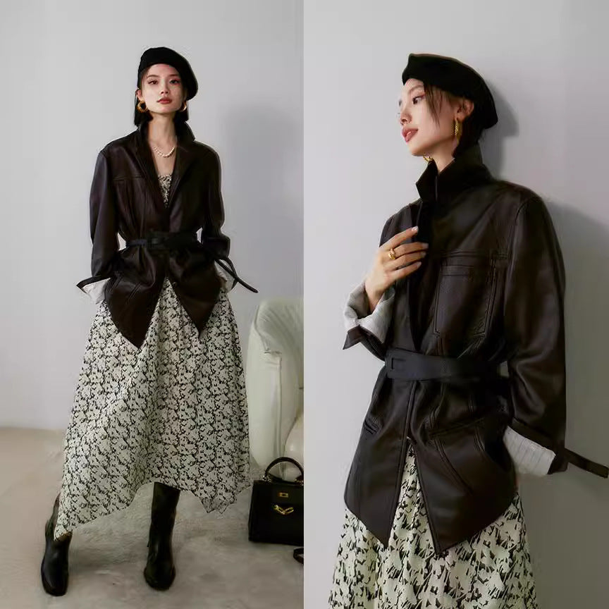 Brown sheepskin women leather blazer coat