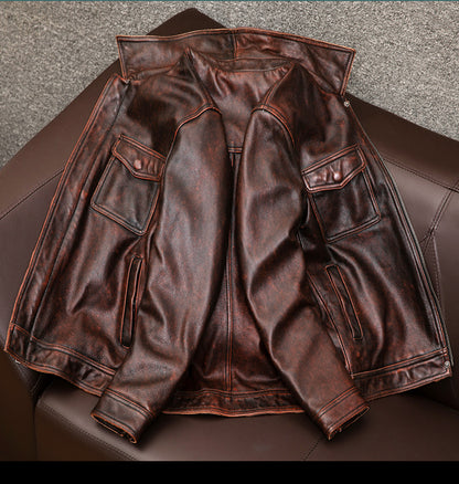 Distressed brown moto leather jacket vintage biker