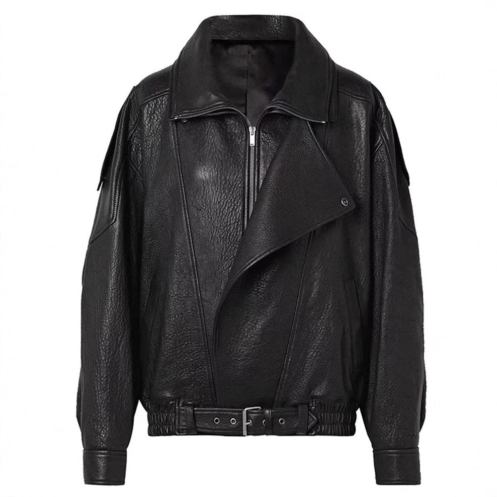 Oversized women genuine leather biker jacket