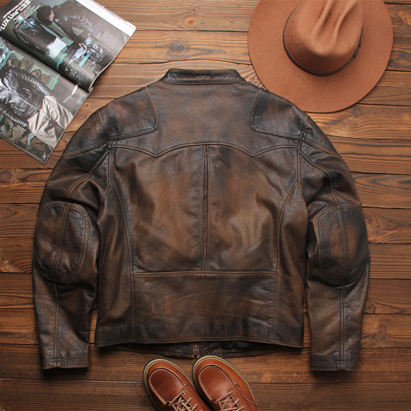 Top-grain distressed leather biker jacket