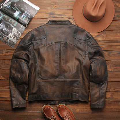 Top-grain distressed leather biker jacket