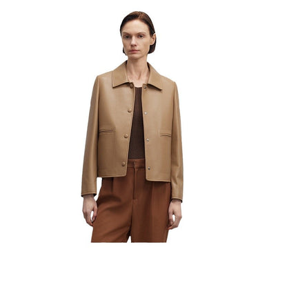 Womens beige brown slim fit cropped leather jacket