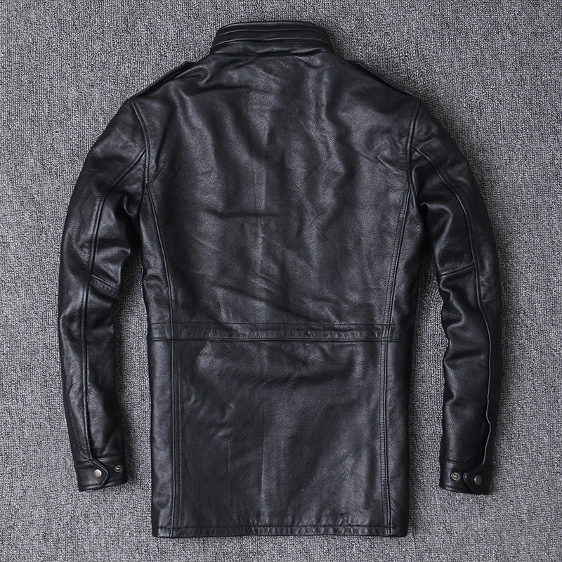 Hunting mid length leather jacket men