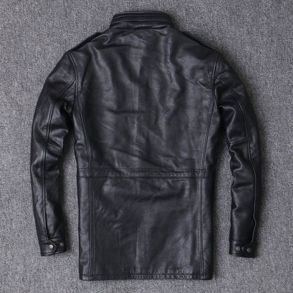 Hunting mid length leather jacket men