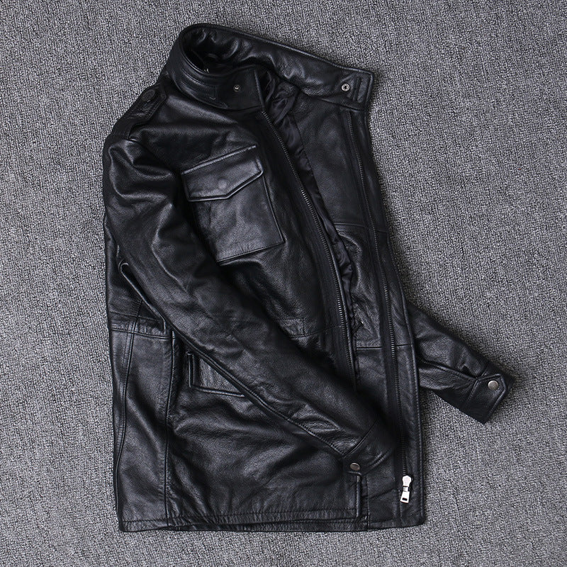 Hunting mid length leather jacket men