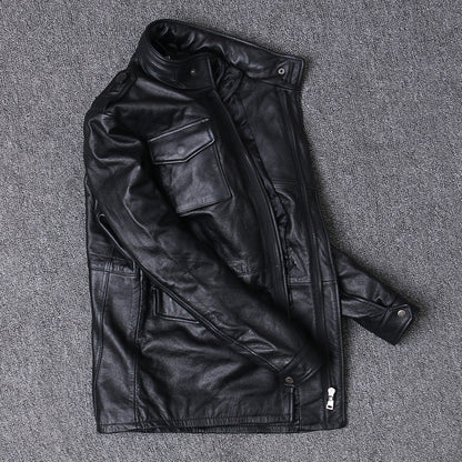 Hunting mid length leather jacket men