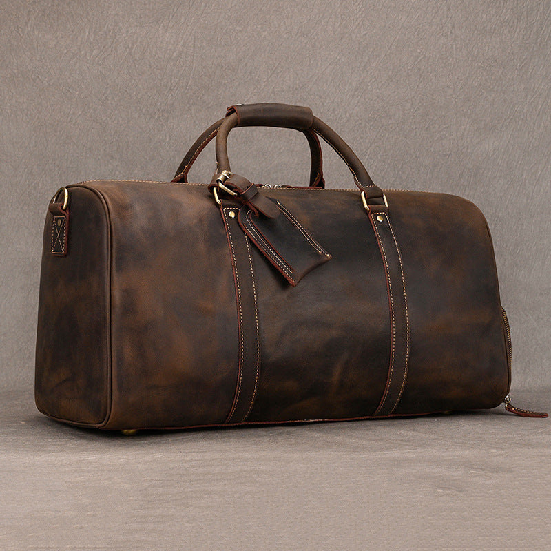 Leather weekender duffle bag with shoe compartment