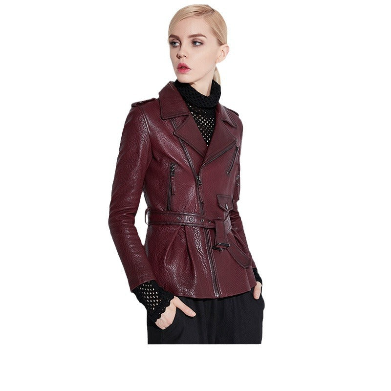 Wine red slim fit moto leather jacket
