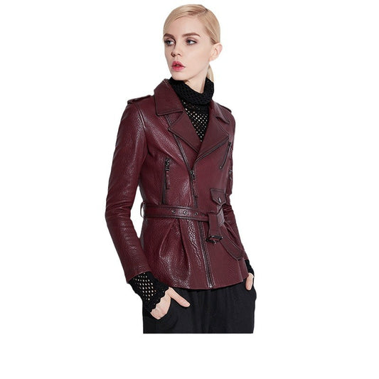 Wine red slim fit moto leather jacket