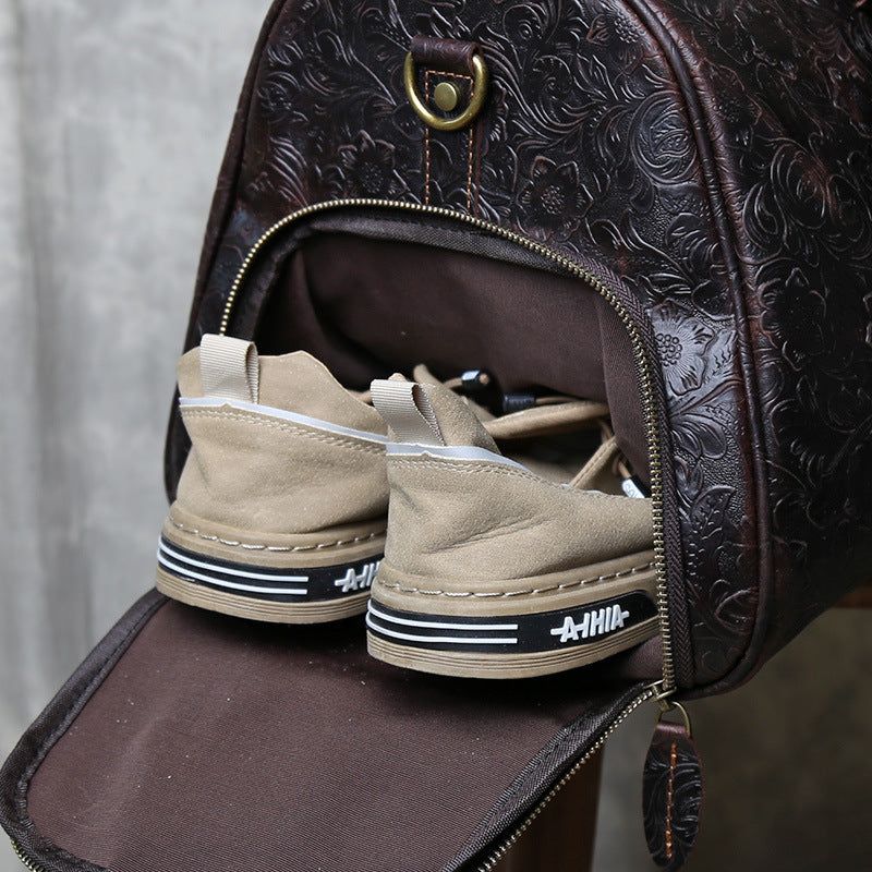 Leather weekender duffle bag with shoe compartment