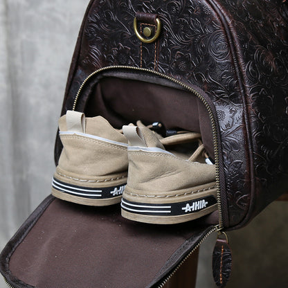 Leather weekender duffle bag with shoe compartment