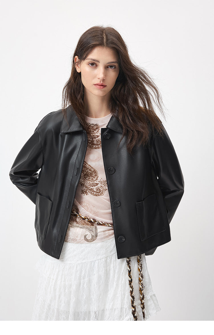 Black cropped sheepskin leather jacket women
