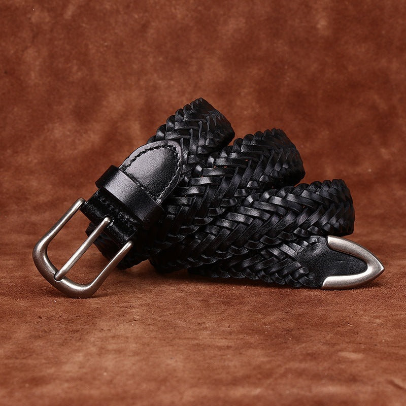 Womens Woven Belt in Top-Grain Leather with Pin Buckle