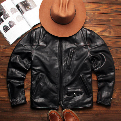 American retro black cowhide leather jacket