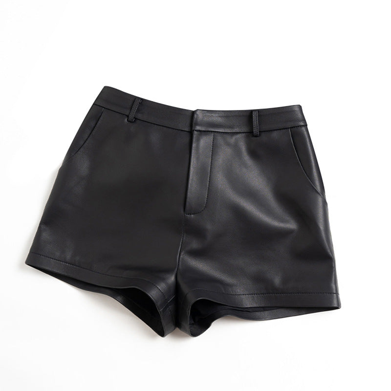 Genuine sheepskin high waist leather shorts for women