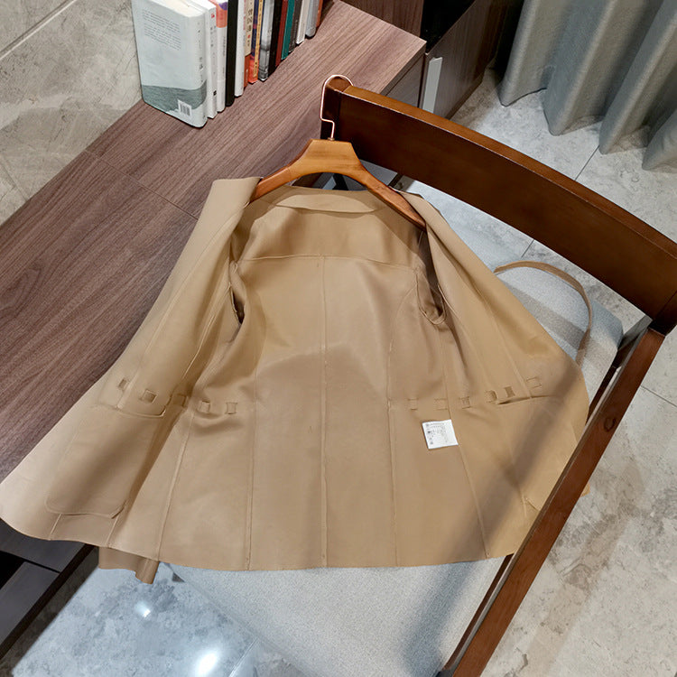 Women round neck sheepskin leather blazer jacket