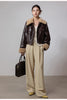 Women shearling collar oil-waxed down leather jacket
