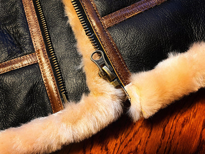 Black shearling leather aviator jacket men