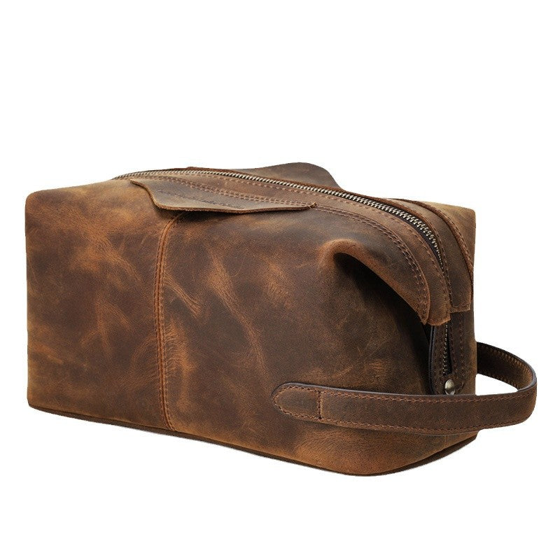 Men's Leather Toiletry Kit in Distressed Brown for Travel