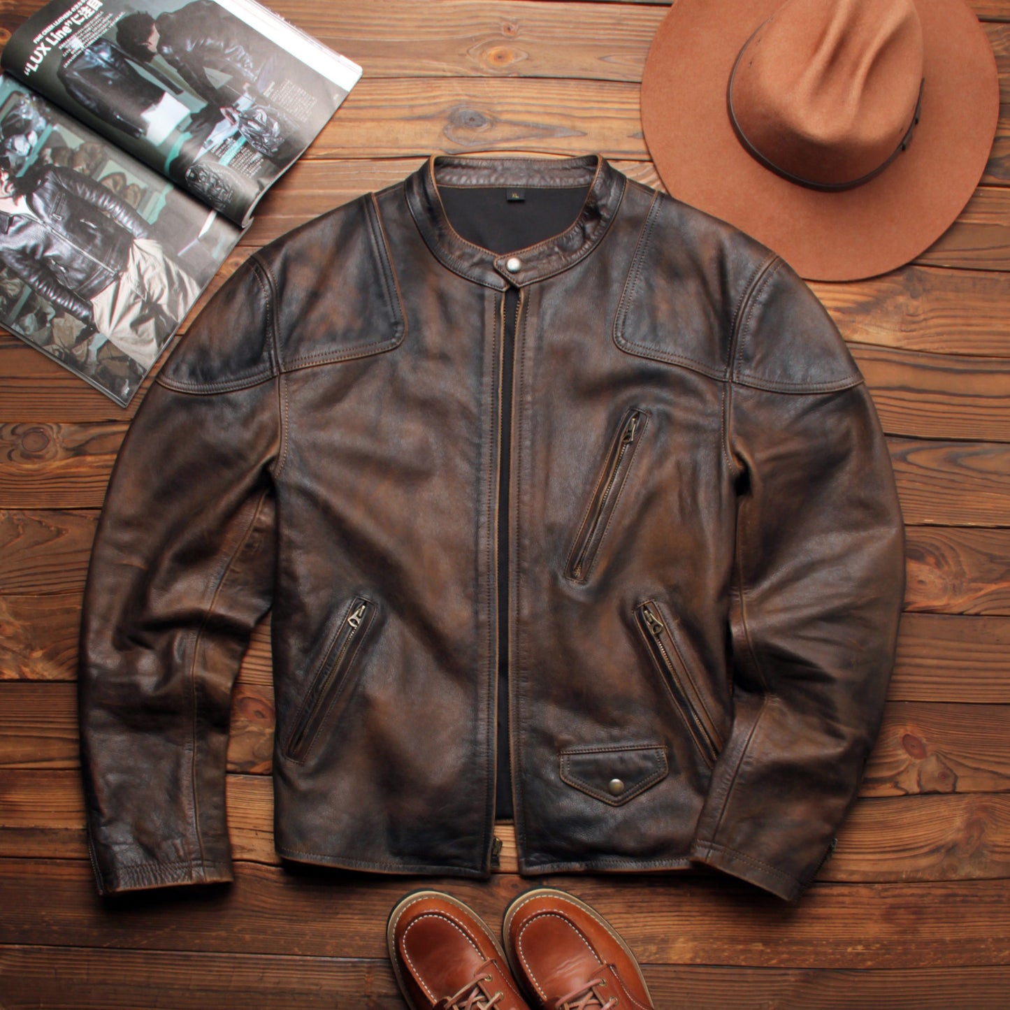 Top-grain distressed leather biker jacket