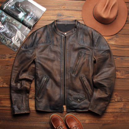 Top-grain distressed leather biker jacket