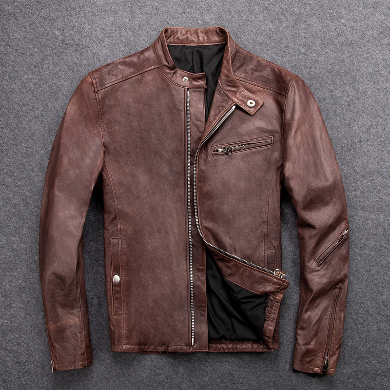 Brown slim fit sheepskin biker leather jacket