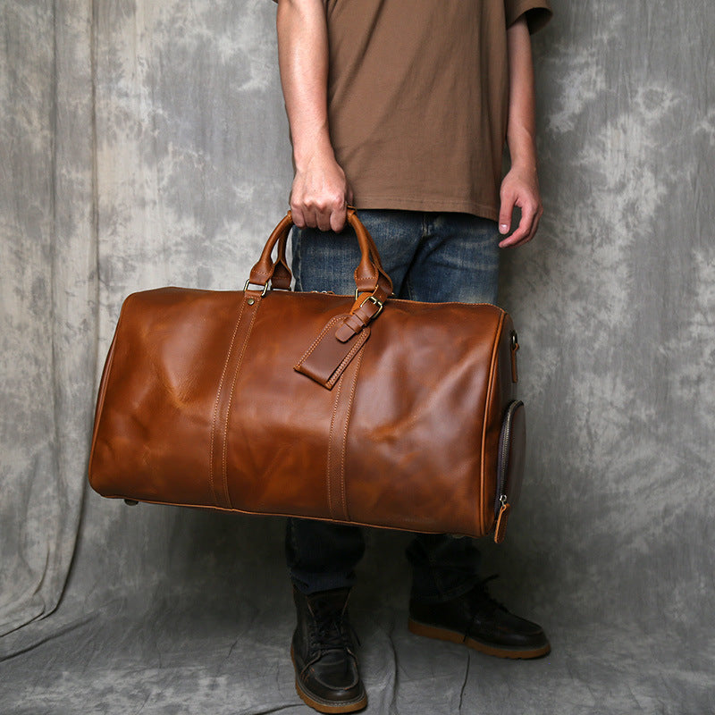 Large leather duffle bag with shoe section