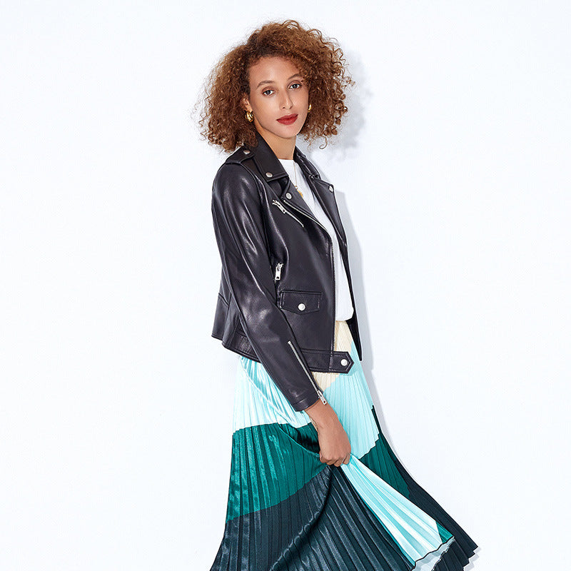 Slim fit women genuine leather biker jacket