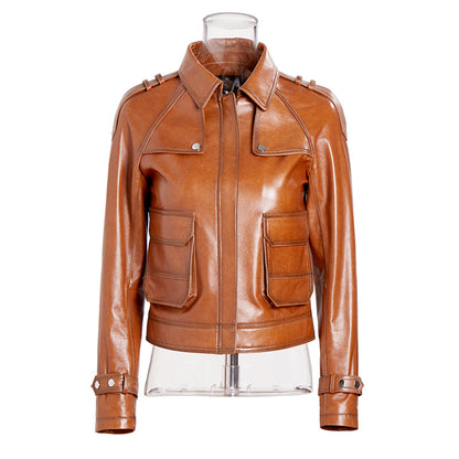 Genuine brown leather slim fit biker jacket