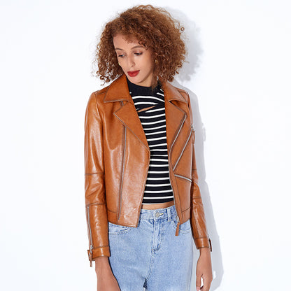 Women slim fit brown biker leather jacket