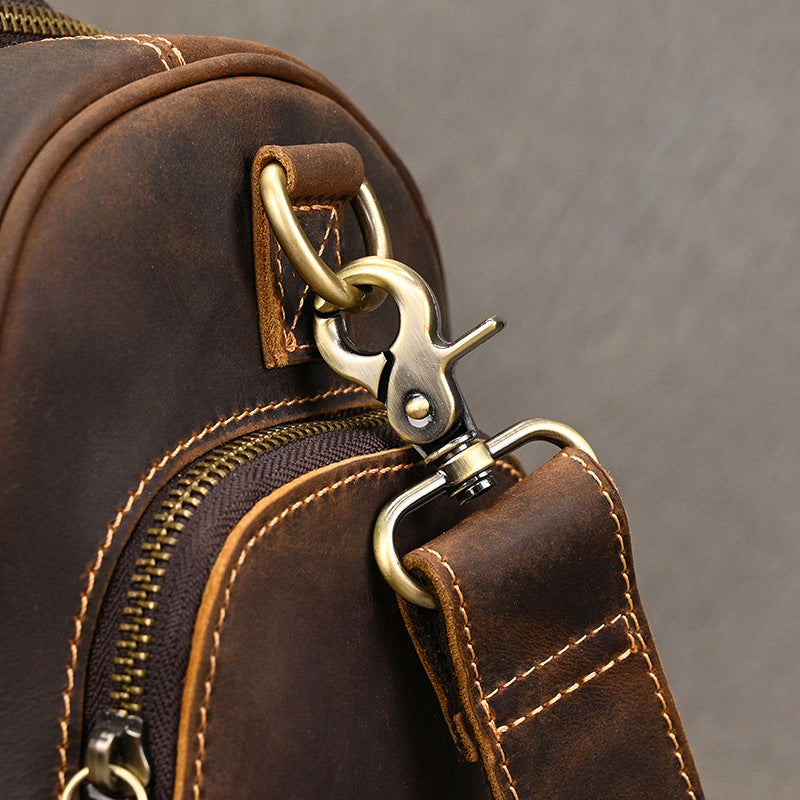 Leather carry on bag sized for flights with durable cowhide and smooth zip closure