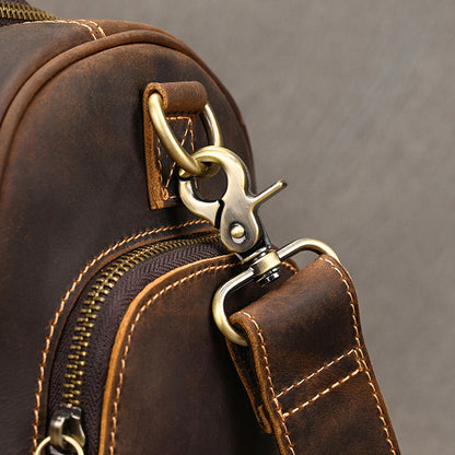 Leather carry on bag sized for flights with durable cowhide and smooth zip closure