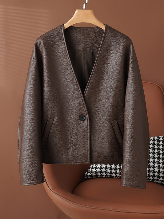 Genuine leather women’s short v-neck jacket