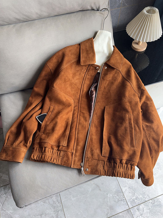 Retro brown goatskin suede lapel jacket