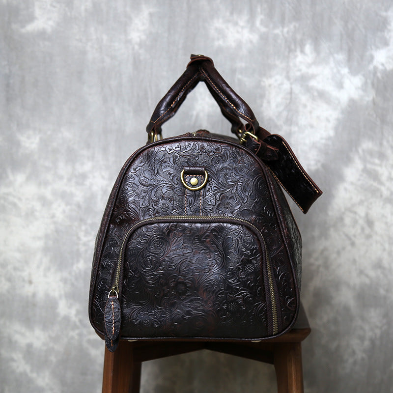 Leather weekender duffle bag with shoe compartment