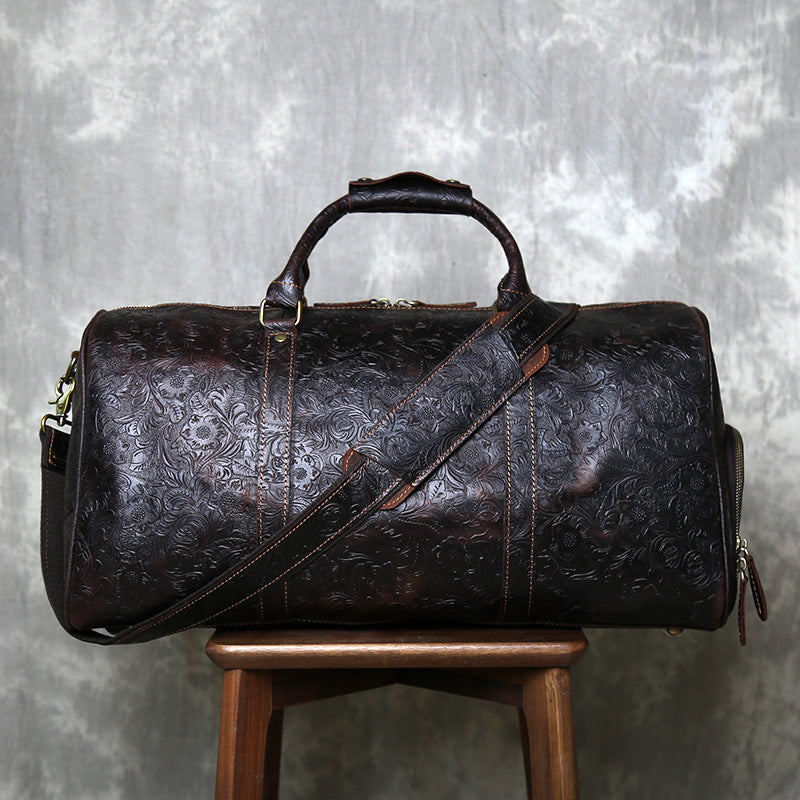 Leather weekender duffle bag with shoe compartment