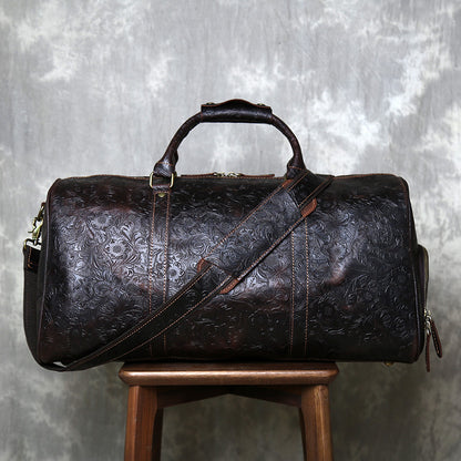 Leather weekender duffle bag with shoe compartment