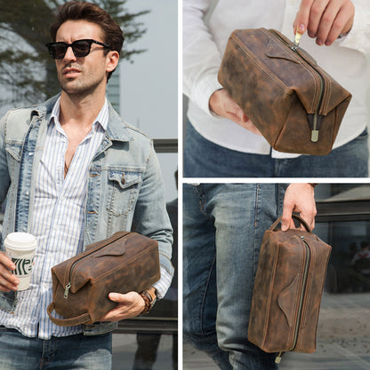 Large Leather Toiletry Bag in Distressed Brown for Travel