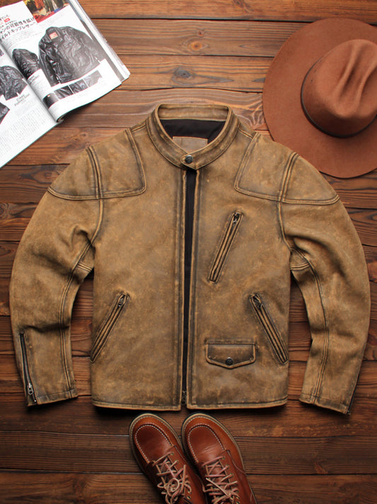 American retro distressed leather jacket