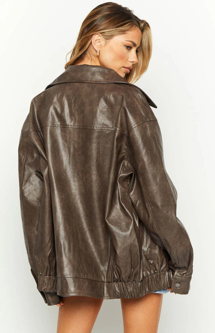 Women's Brown Oversized Faux Leather Jacket Loose Fit
