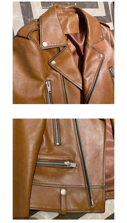 Women’s Brown Sheepskin Moto Leather Jacket