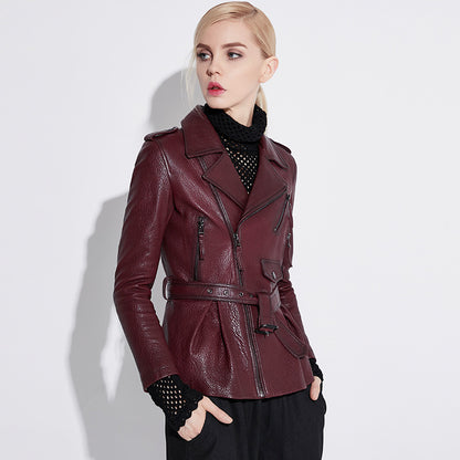 Wine red slim fit moto leather jacket