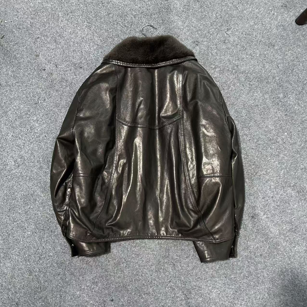 Women leather parka with fur collar