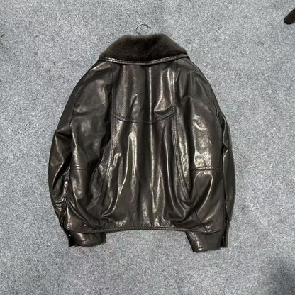 Women leather parka with fur collar